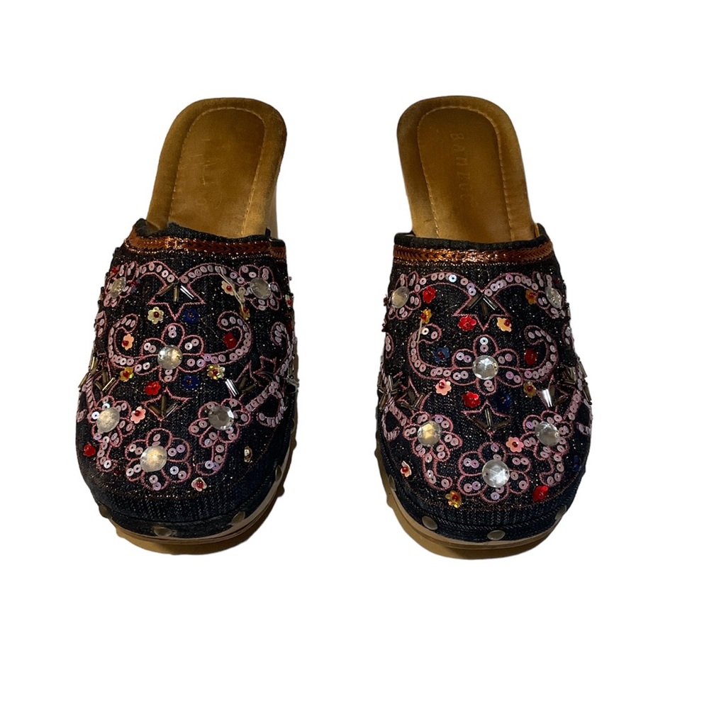 Vintage Bamboo 9 Cloggy 02 Embellished Denim Beaded Clogs Classic Wood Size 9